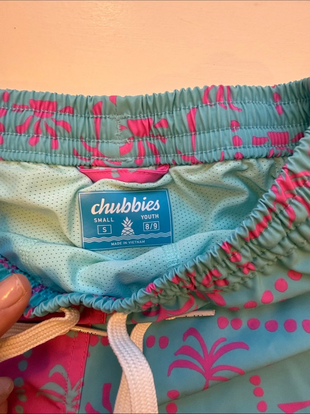 chubbies Teal Swim Trunks with Pink Palm Print